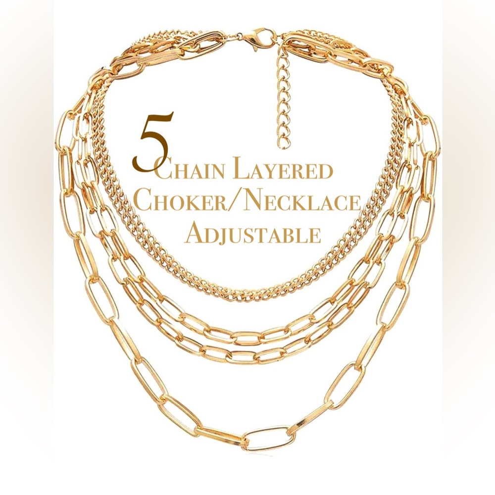 NEW! 14K Gold 5 Layered Paperclip Chains Choker Necklace Adjustable
